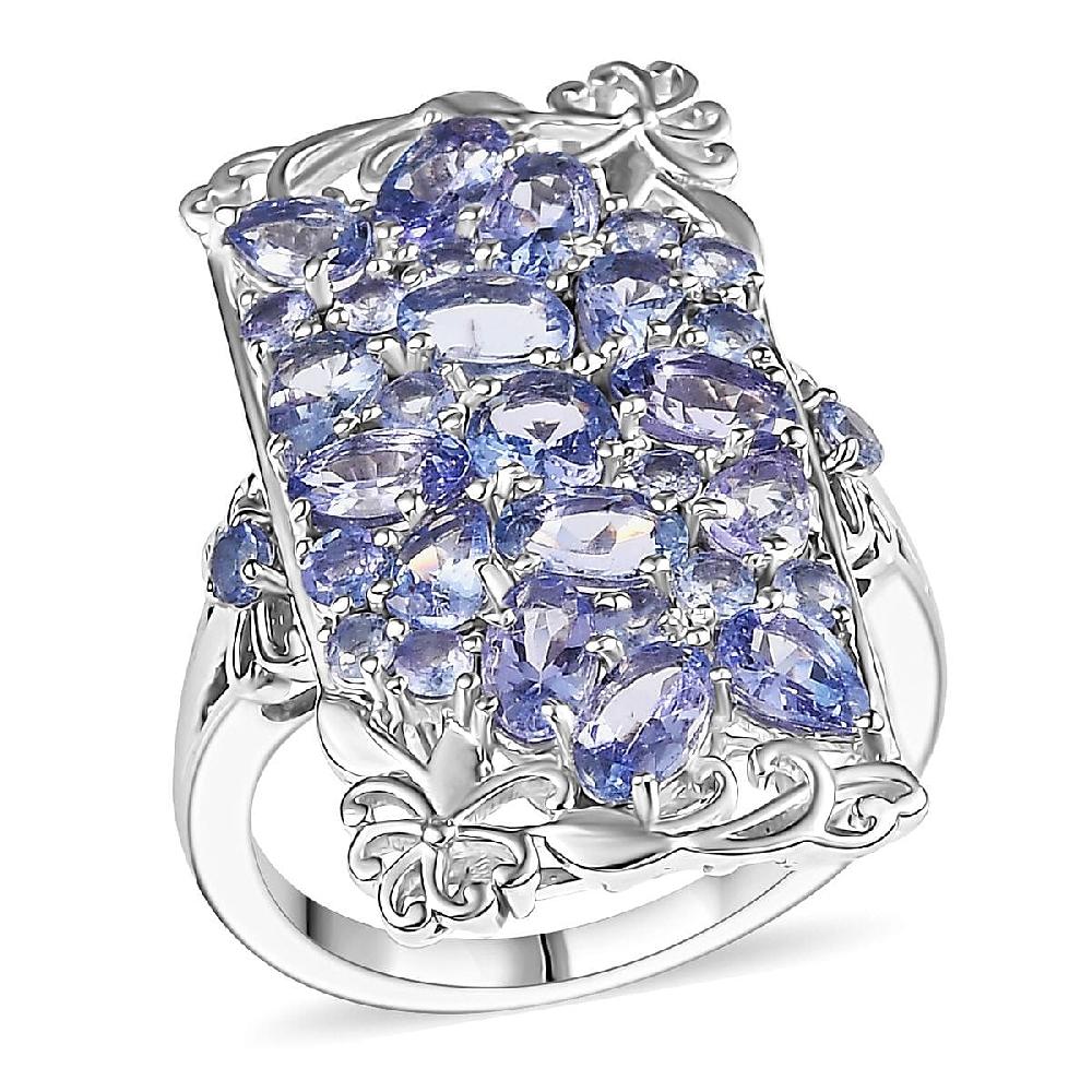 Tanzanite 4.85 ctw Art Deco Ring in Rhodium Over Sterling Silver