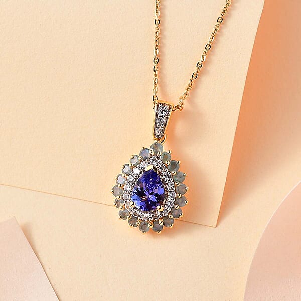 Tanzanite And Multi Gemstone 2.20 Ctw Sunburst Pendant Necklace In 18K Vermeil Yellow Gold Over Sterling Silver 20 Inches