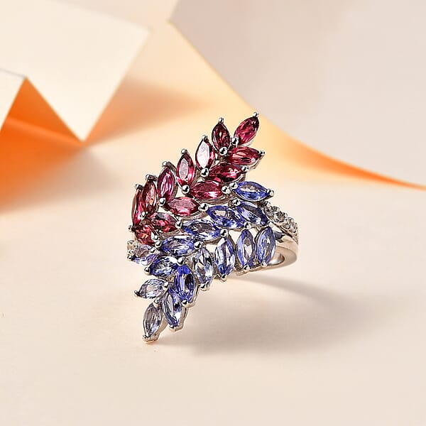 Tanzanite And Multi Gemstone Bypass Fern Leaf Ring In Rhodium Over Sterling Silver 4.00 Ctw