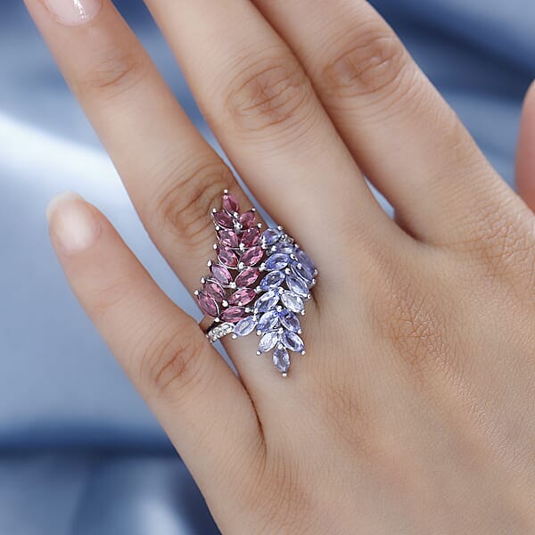 Tanzanite And Multi Gemstone Bypass Fern Leaf Ring In Rhodium Over Sterling Silver 4.00 Ctw