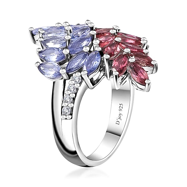 Tanzanite And Multi Gemstone Bypass Fern Leaf Ring In Rhodium Over Sterling Silver 4.00 Ctw