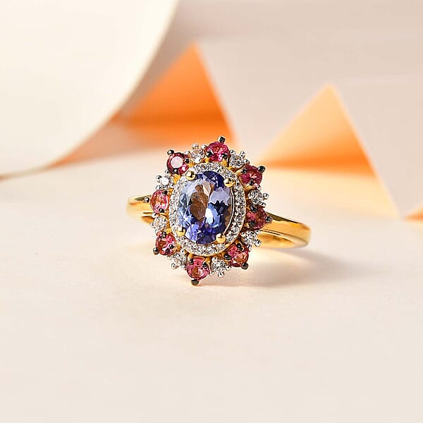 Tanzanite And Multi Gemstone Floral Ring In Vermeil Yellow Gold Over Sterling Silver 2.20 Ctw