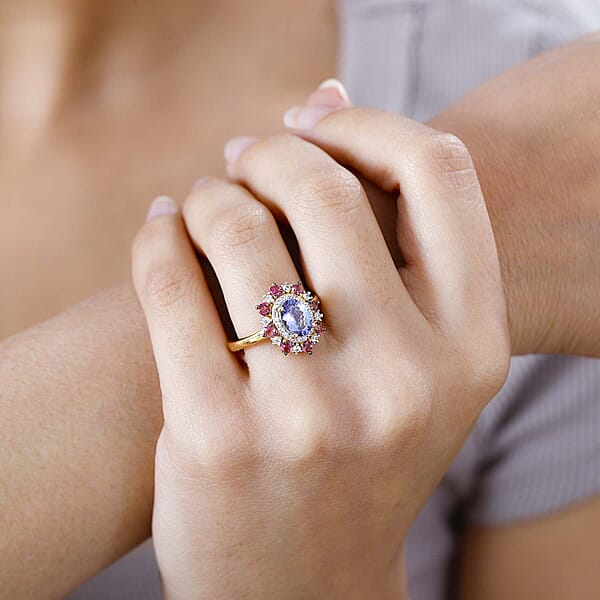 Tanzanite And Multi Gemstone Floral Ring In Vermeil Yellow Gold Over Sterling Silver 2.20 Ctw