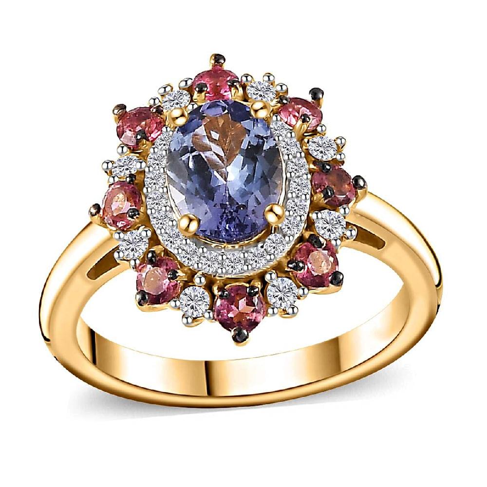 Tanzanite and Multi Gemstone Floral Ring in Vermeil Yellow Gold Over Sterling Silver 2.20 ctw