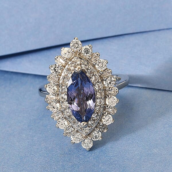 Tanzanite And Natural White Zircon 3.10 Ctw Double Halo Ring In Platinum Over Sterling Silver