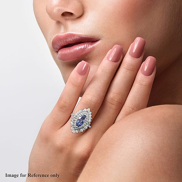 Tanzanite And Natural White Zircon 3.10 Ctw Double Halo Ring In Platinum Over Sterling Silver