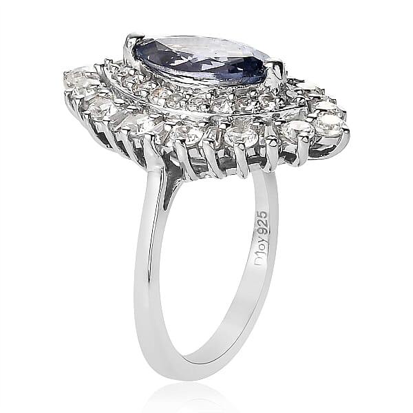 Tanzanite And Natural White Zircon 3.10 Ctw Double Halo Ring In Platinum Over Sterling Silver