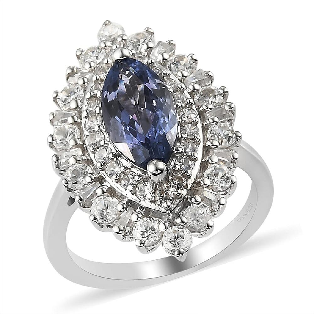 Tanzanite and Natural White Zircon 3.10 ctw Double Halo Ring in Platinum Over Sterling Silver