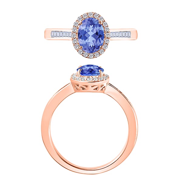 Tanzanite And White Diamond 1.65 Ctw Ring In 18K Vermeil Rose Gold Over Sterling Silver (Del. In 10-12 Days)