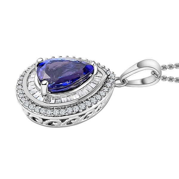 Tanzanite And White Diamond 2.30 Ctw Pendant Necklace 20 Inches In Rhodium Over Sterling Silver (Del. In 10-12 Days)