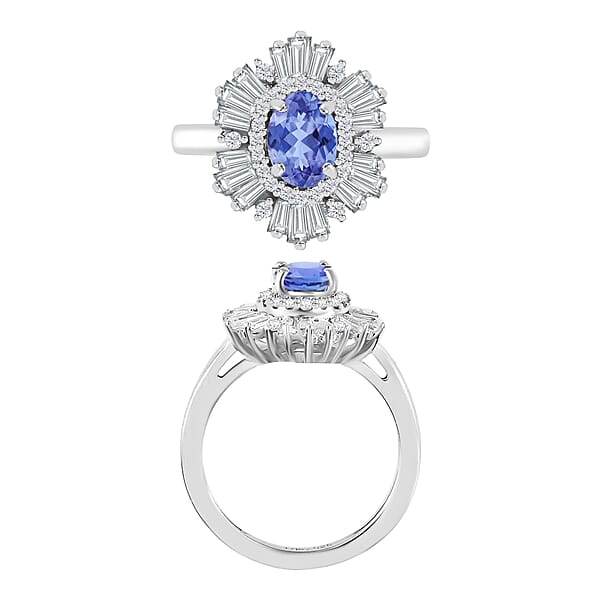 Tanzanite And White Zircon 2.85 Ctw Ring In Rhodium Over Sterling Silver (Size 8.0)