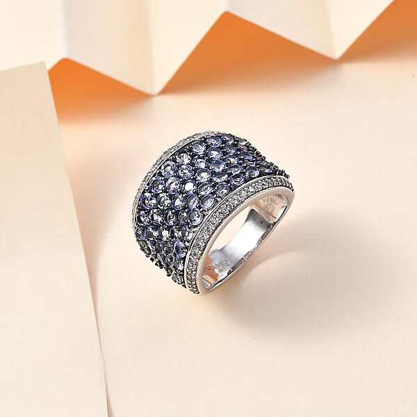 Tanzanite And White Zircon 4.40 Ctw Cluster Ring In Rhodium Over Sterling Silver