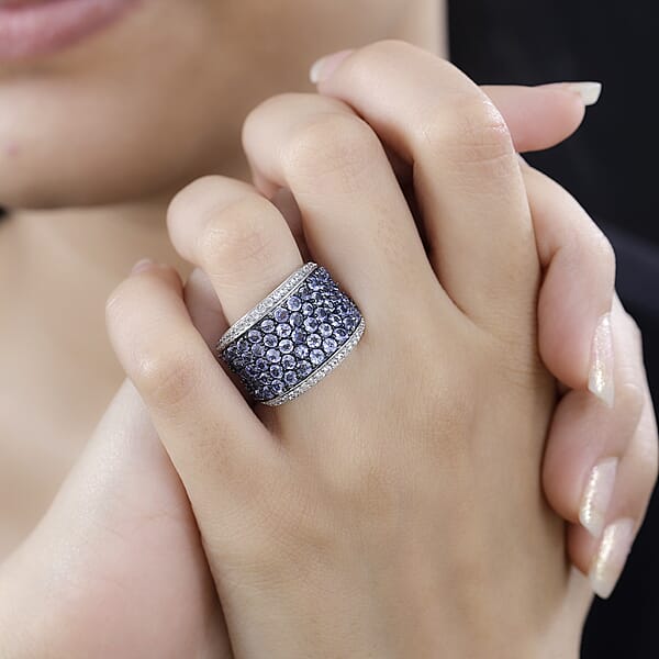 Tanzanite And White Zircon 4.40 Ctw Cluster Ring In Rhodium Over Sterling Silver