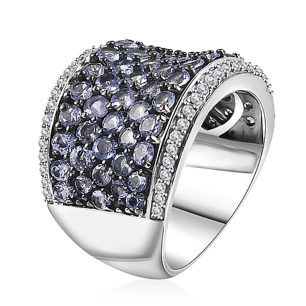 Tanzanite And White Zircon 4.40 Ctw Cluster Ring In Rhodium Over Sterling Silver
