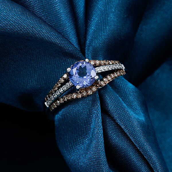 Tanzanite Natural Champagne And White Diamond Ring In 14K White Gold 1.00 Ctw