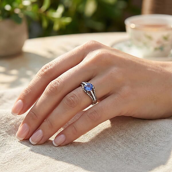 Tanzanite Natural Champagne And White Diamond Ring In 14K White Gold 1.00 Ctw