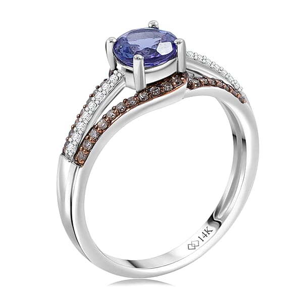 Tanzanite Natural Champagne And White Diamond Ring In 14K White Gold 1.00 Ctw