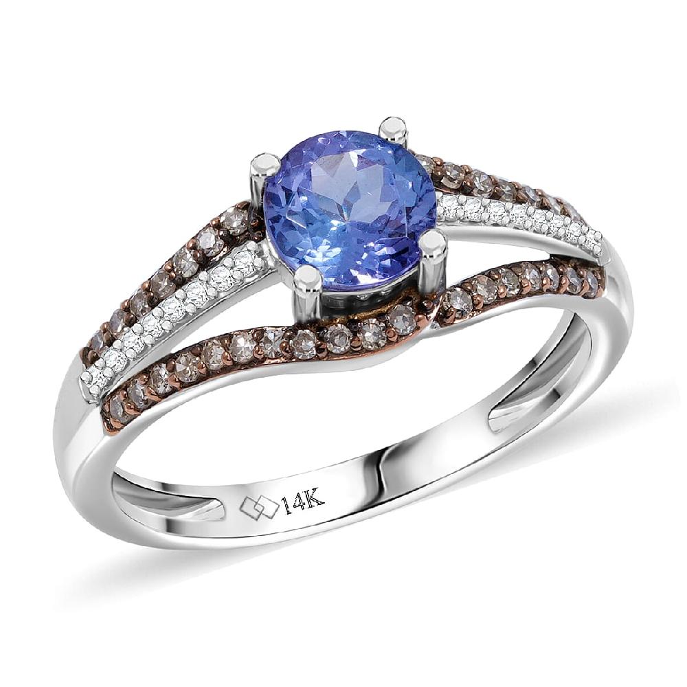 Tanzanite Natural Champagne and White Diamond Ring in 14K White Gold 1.00 ctw