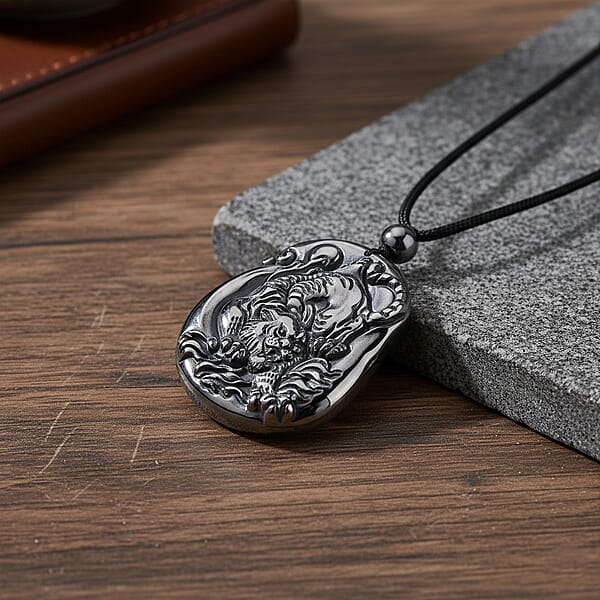 Terahertz 130.00 Ctw Carved Tiger Pendant With Black Cord In Necklace 28 Inches