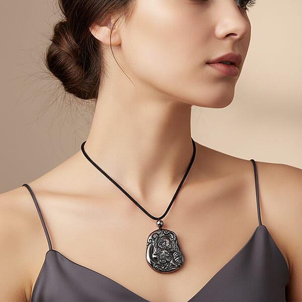 Terahertz 130.00 Ctw Carved Tiger Pendant With Black Cord In Necklace 28 Inches