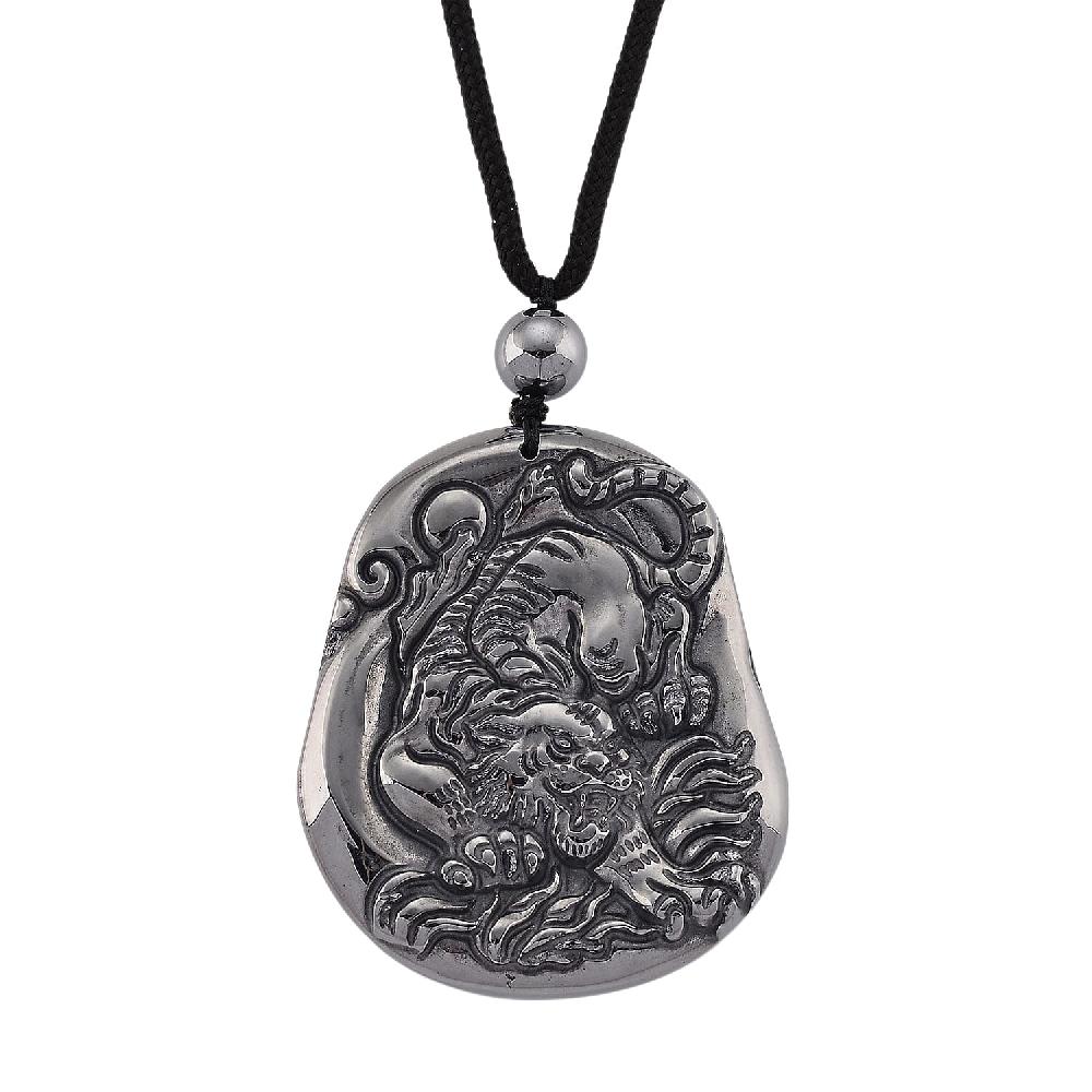 Terahertz 130.00 ctw Carved Tiger Pendant with Black Cord in Necklace 28 Inches