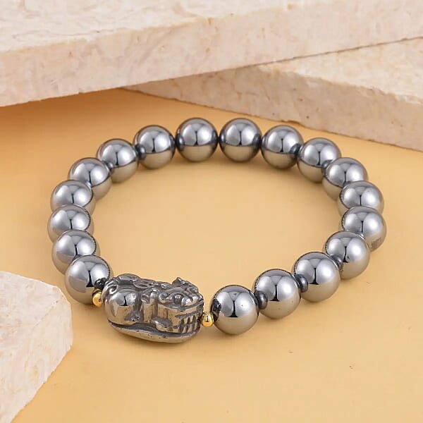 Terahertz 132.00 Ctw Beaded With Pixiu Stretch Bracelet In 14K Yellow Gold Over Sterling Silver (6.5-7In)