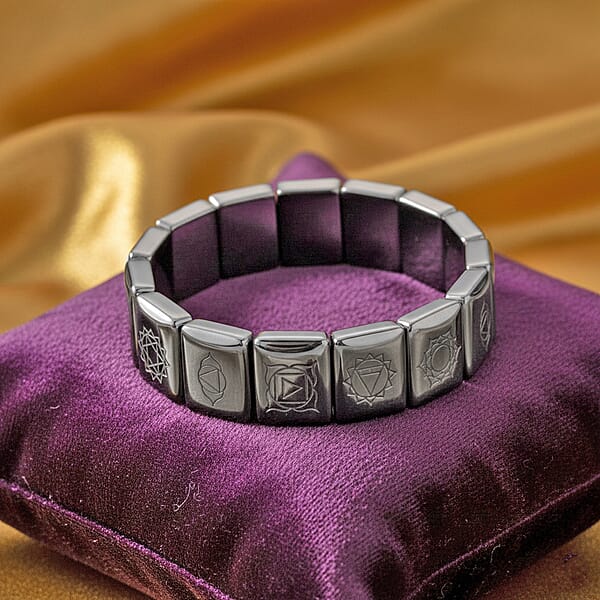 Terahertz 240.00 Ctw Block Seven Chakra Engraved Stretch Bracelet