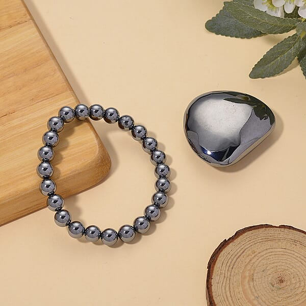 Terahertz 285.00 Ctw Palm Stone And Beaded Stretch Bracelet (6.5-7In)