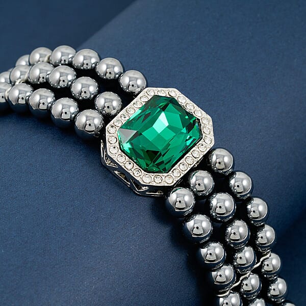 Terahertz 70.00 Ctw Green And White Austrian Crystal 3-Row Beaded Bracelet In Silvertone (6.5-7.5In)