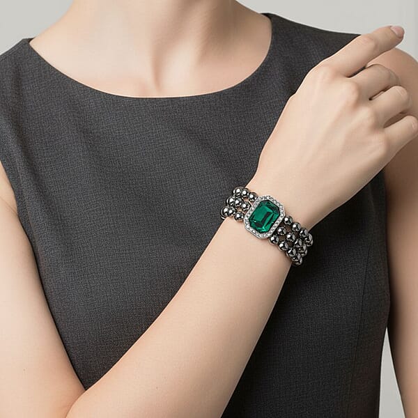 Terahertz 70.00 Ctw Green And White Austrian Crystal 3-Row Beaded Bracelet In Silvertone (6.5-7.5In)
