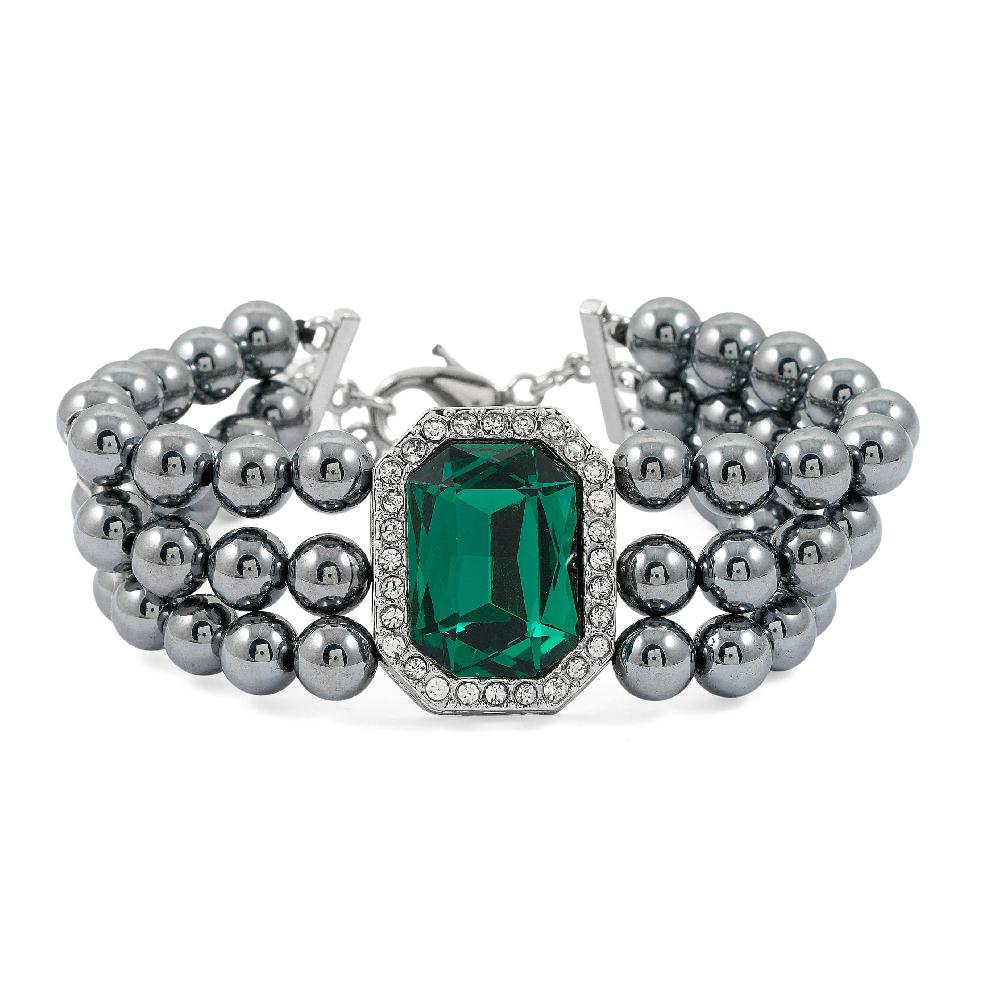 Terahertz 70.00 ctw Green and White Austrian Crystal 3-Row Beaded Bracelet in Silvertone (6.5-7.5In)