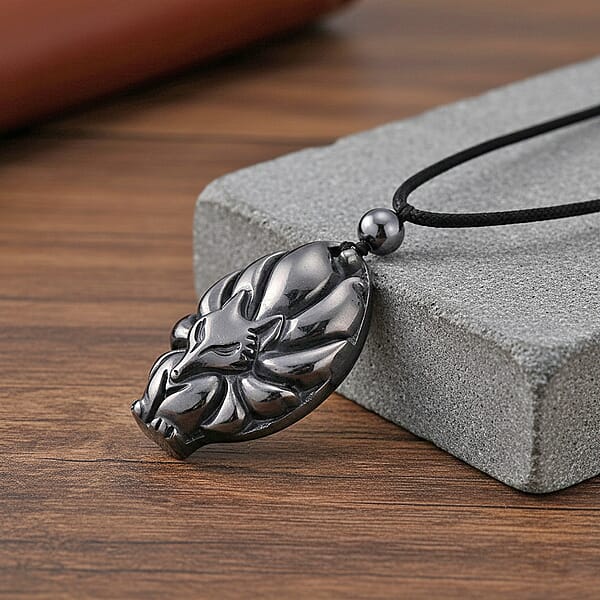 Terahertz 95.00 Ctw Carved Fox Pendant With Black Cord In Necklace 28 Inches