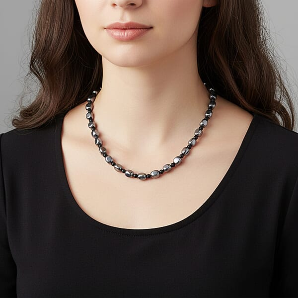 Terahertz And Shungite Beaded Necklace 20 Inches In Rhodium Over Sterling Silver 284.45 Ctw