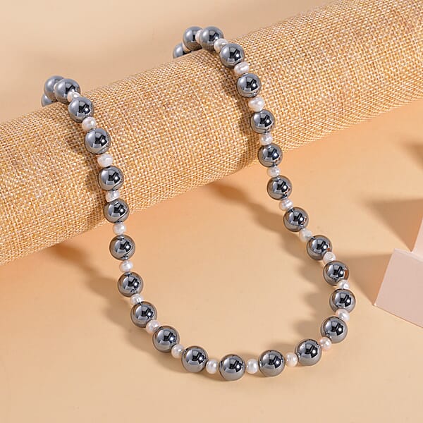 Terahertz And White Freshwater Pearl Beaded Necklace 20 Inches In Rhodium Over Sterling Silver 215.50 Ctw