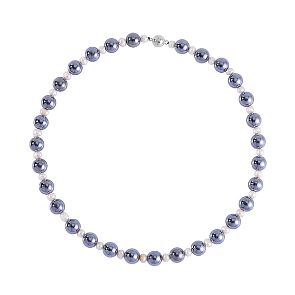 Terahertz And White Freshwater Pearl Beaded Necklace 20 Inches In Rhodium Over Sterling Silver 215.50 Ctw