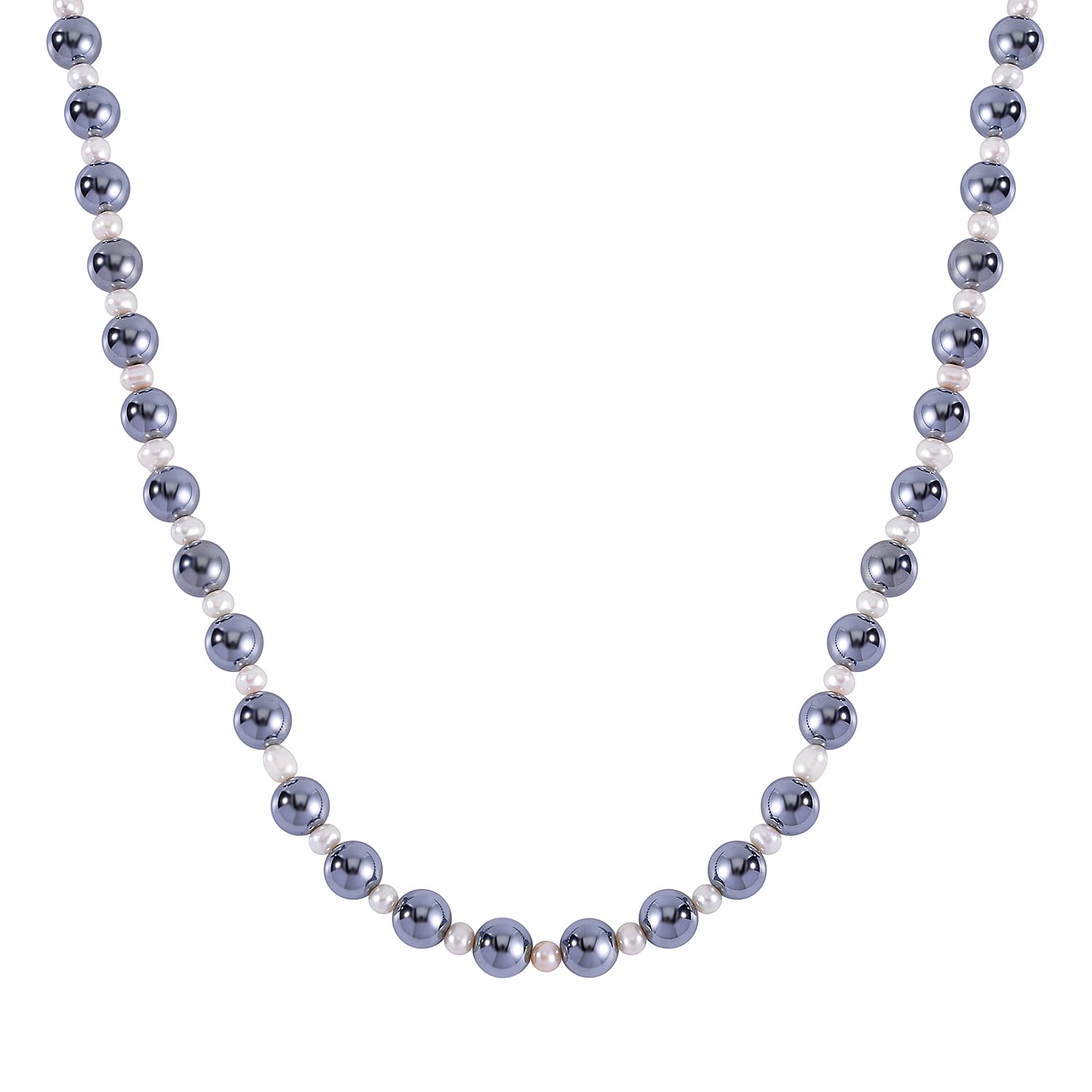 Terahertz and White Freshwater Pearl Beaded Necklace 20 Inches in Rhodium Over Sterling Silver 215.50 ctw