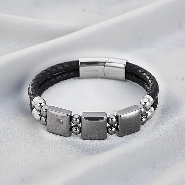 Terahertz Beaded Leather Bracelet In Stainless Steel 75.00 Ctw (7.50 Inches)