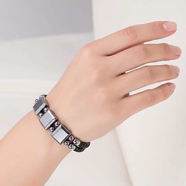 Terahertz Beaded Leather Bracelet In Stainless Steel 75.00 Ctw (7.50 Inches)