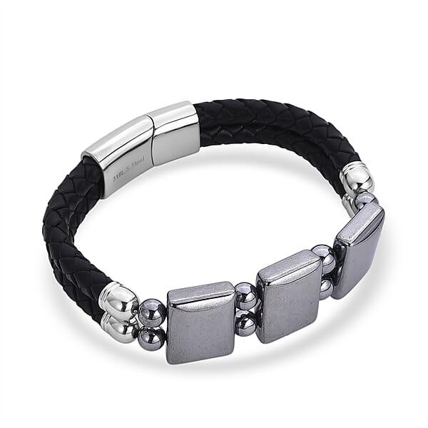 Terahertz Beaded Leather Bracelet In Stainless Steel 75.00 Ctw (7.50 Inches)