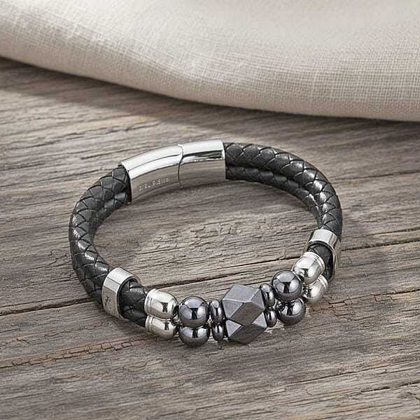 Terahertz Beaded Leather Bracelet In Stainless Steel 75.00 Ctw (7.50 Inches)