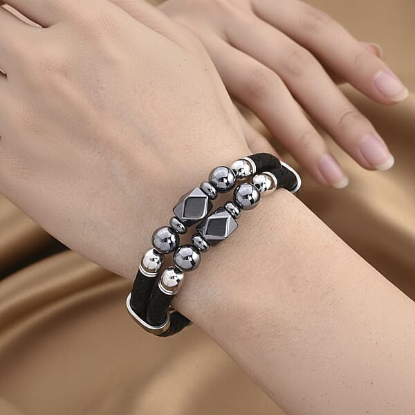 Terahertz Beaded Leather Bracelet In Stainless Steel 75.00 Ctw (7.50 Inches)