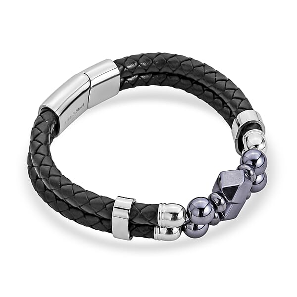 Terahertz Beaded Leather Bracelet In Stainless Steel 75.00 Ctw (7.50 Inches)