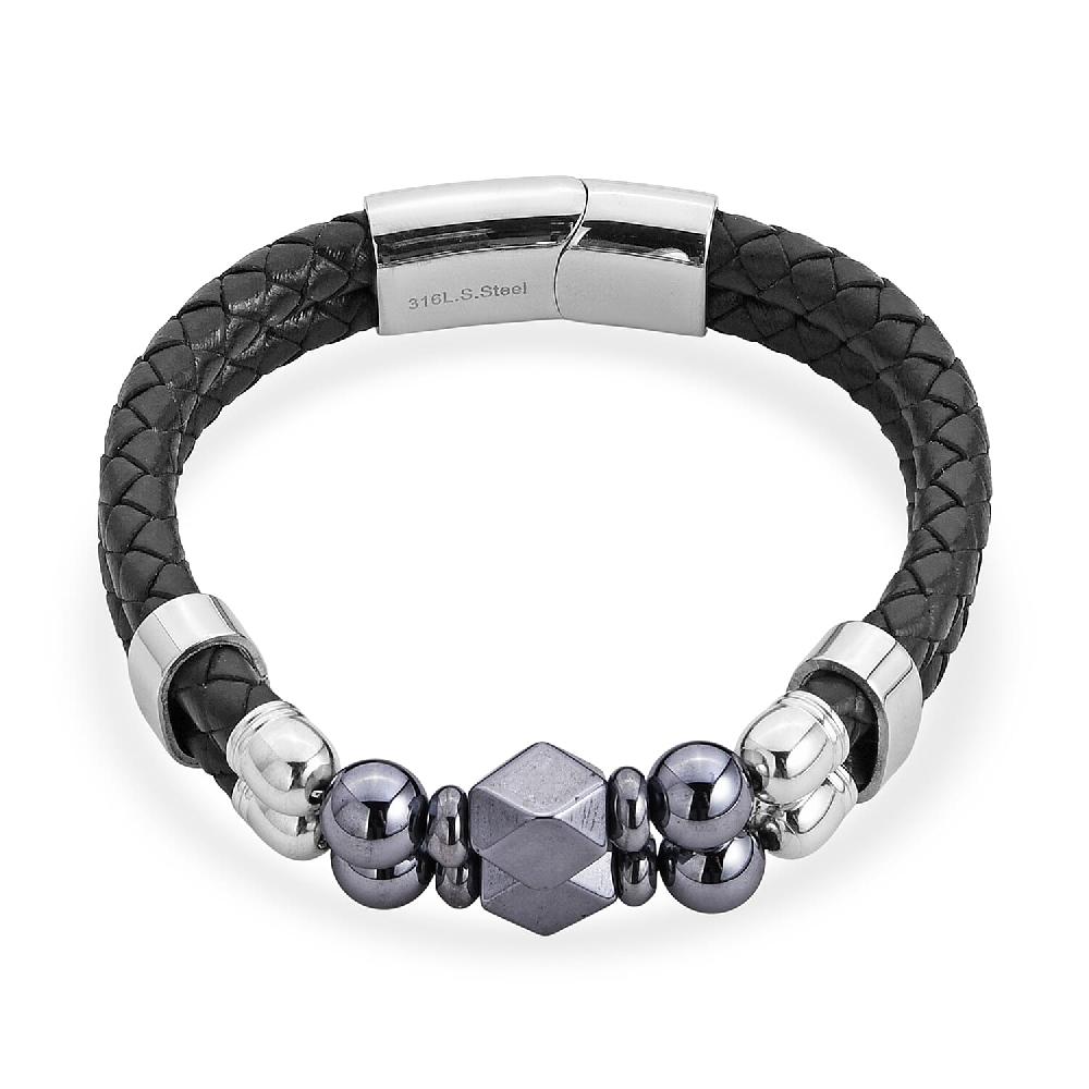 Terahertz Beaded Leather Bracelet in Stainless Steel 75.00 ctw (7.50 Inches)