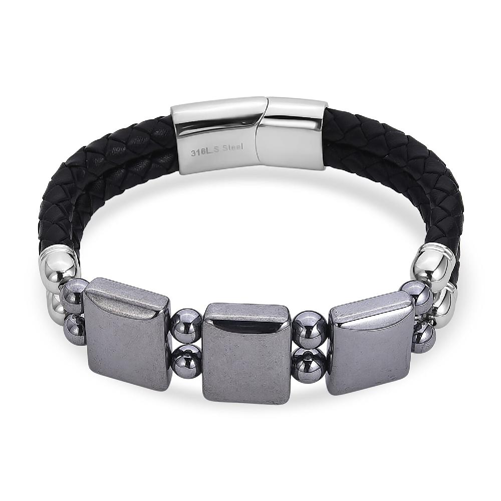 Terahertz Beaded Leather Bracelet in Stainless Steel 75.00 ctw (7.50 Inches)