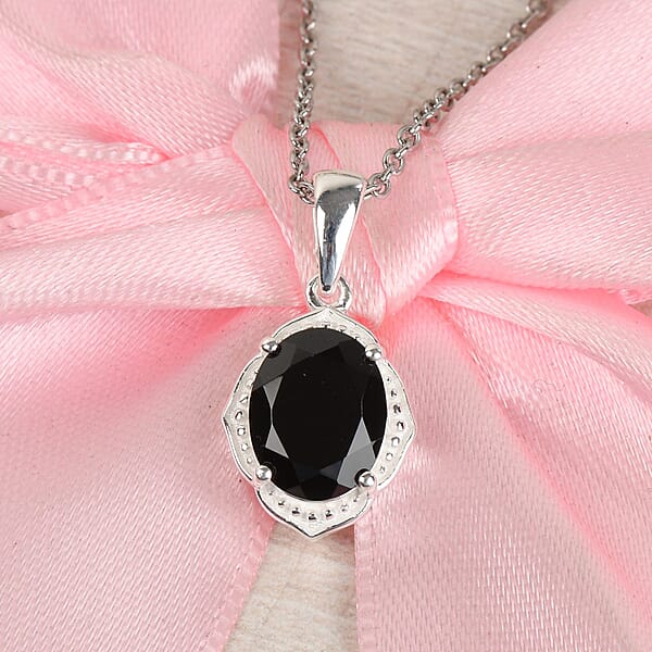 Thai Black Spinel 3.35 Ctw Pendant In Sterling Silver With Stainless Steel Necklace 20 Inches