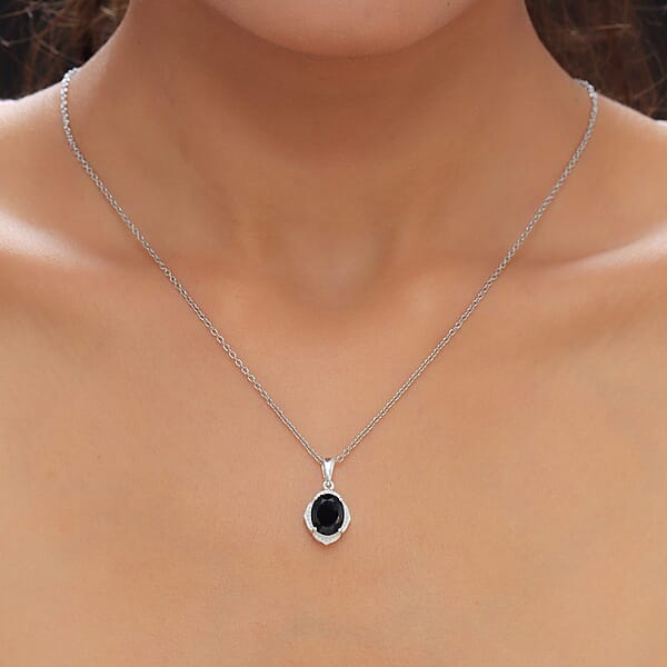 Thai Black Spinel 3.35 Ctw Pendant In Sterling Silver With Stainless Steel Necklace 20 Inches