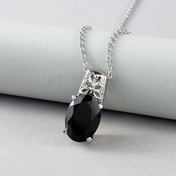 Thai Black Spinel 7.25 Ctw Pendant Necklace 20 Inches In Stainless Steel