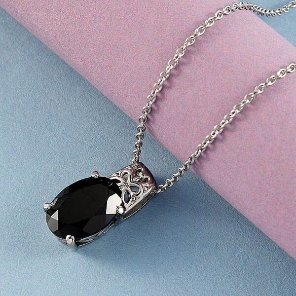 Thai Black Spinel 7.25 Ctw Pendant Necklace 20 Inches In Stainless Steel