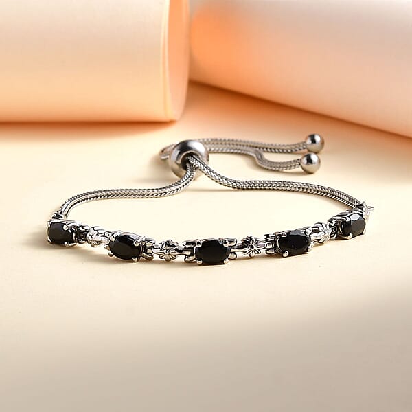 Thai Black Spinel Bolo Bracelet In Stainless Steel 2.85 Ctw