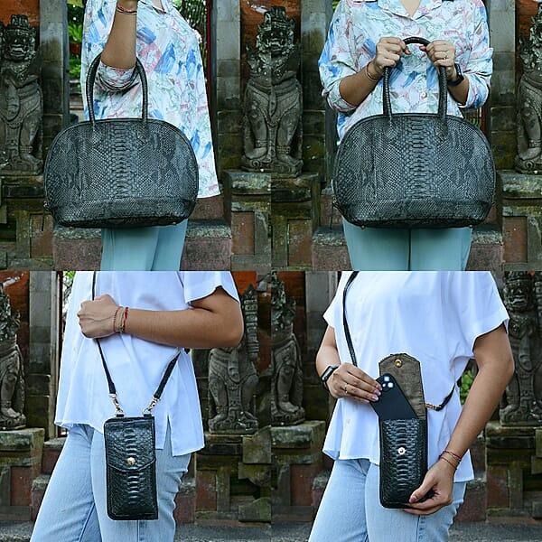 The Grand Pelle Black Color 100% Genuine Python Leather Tote Bag And Cell Phone Bag